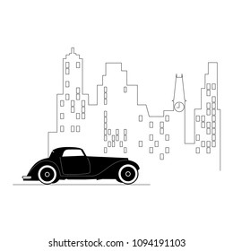 
vector illustration retro car in big city, black silhouette of car, flat design