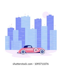 vector illustration retro car rides on the road in the city, cartoon design