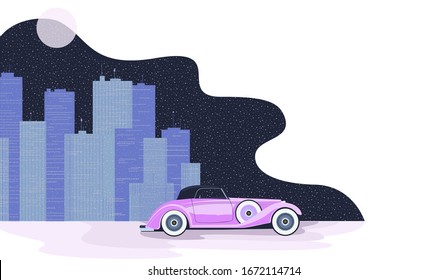 ilustración vectorial camiones retro en la carretera en la ciudad nocturna, diseño de caricaturas