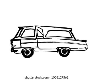 Vector illustration of retro car. Simple line drawing . Doodle style car