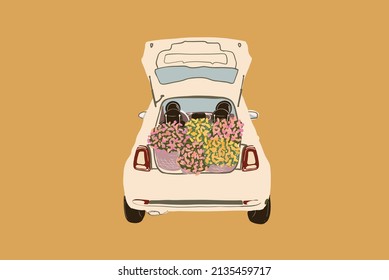 Vektorgrafik von Retro-Autostamm mit Blumen auf gelbem Hintergrund