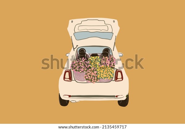 Vector Illustration of retro car trunk full of\
flowers on yellow\
background