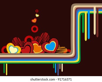 Ilustración vectorial de una tarjeta retro con forma de corazón colorido con líneas coloridas sobre fondo marrón para el Día de San Valentín.
