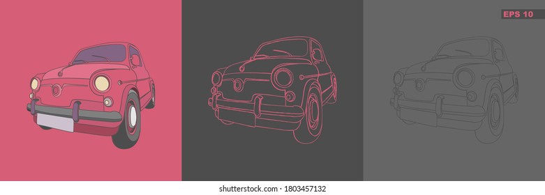 Vector illustration of retro cars in simple flat style. Three design options, in color, in outline, hand drawing.