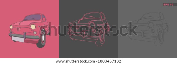 Vector\
illustration of retro cars in simple flat style. Three design\
options, in color, in outline, hand\
drawing.