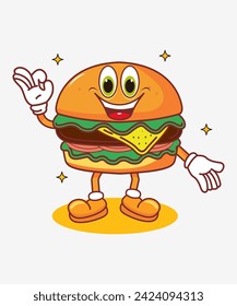 Vector illustration of retro cartoon burger character with funny face, perfect for, t-shirts, stickers, posters, logos, business products, etc