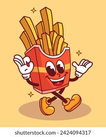 Vector illustration of retro cartoon fries character with funny face, perfect for, t-shirts, stickers, posters, logos, business products, etc