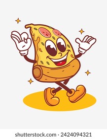 Ilustración vectorial del personaje retro de pizzería con cara divertida, perfecta para, camisetas, pegatinas, afiches, logos, productos de negocios, etc