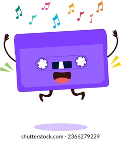 Vector illustration of a retro casette tape jumping happy. Music mascot character isolated on white background