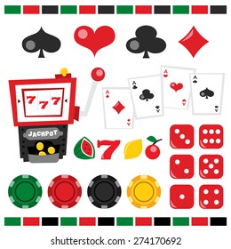 A vector illustration of retro casino night theme design elements. Included in this set:- casino chips, dice, jackpot icons, jackpot, playing card, spade, heart, club, diamond.