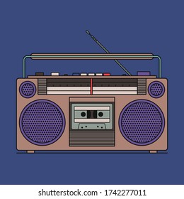 Vector illustration of Retro cassette tape recorder isolated on blue background. Outline icon.