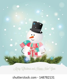Vector illustration for retro christmas card. Snow landscape background with christmas trees and santa
