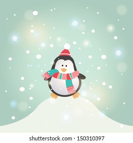 Vector illustration for retro christmas card. Snow landscape background with penguin 