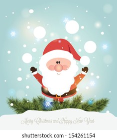 Vector illustration for retro christmas card. Snow landscape background with santa claus.