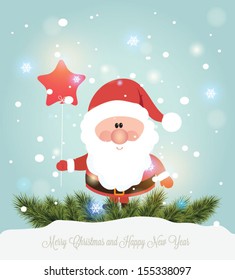 Vector illustration for retro christmas card. Snow landscape background with santa claus.