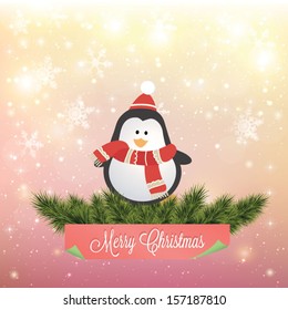 Vector illustration for retro christmas card. Snow landscape background with penguin