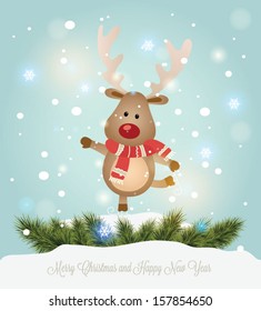 Vector illustration for retro christmas card. Snow landscape background with christmas deer.