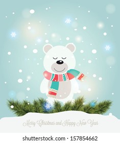 Vector illustration for retro christmas card. Snow landscape background with bear