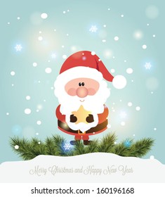 Vector illustration for retro Christmas card. Snow landscape background with Santa Claus.