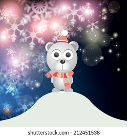 Vector illustration for retro christmas card. Snow background with bear.
