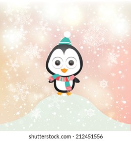 Vector illustration for retro christmas card. Snow background with penguin.