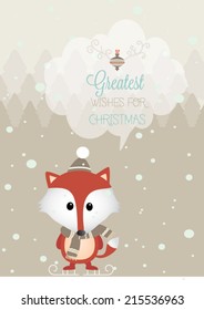 Vector illustration for retro christmas card. Snow landscape background with christmas trees and fox