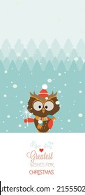 Vector illustration for retro christmas card. Snow landscape background with christmas trees and rabbit