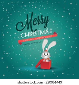 Vector illustration for retro christmas card. Snow landscape background with bunny 