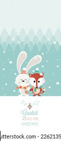 Vector illustration for retro christmas card. Snow landscape background with cute fox and rabbit