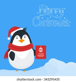 Vector illustration for retro christmas card. Snow landscape background with penguin