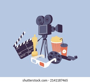 Vector illustration of retro cinema items- movie tickets, film clapperboard, popcorn bucket, vintage reel, and 3d glasses composition