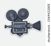 Vector illustration. Retro cinema projector. Vintage film camera. Old fashioned movie camera. Movie industry. Sticker with contour. Isolated on white background