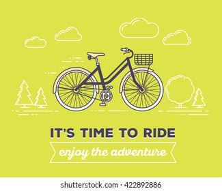 Vector illustration of retro color bicycle with basket, text it's time to ride, enjoy the adventure on green. Bike adventure concept. Thin line art flat design of vintage bicycle, riding, cycling