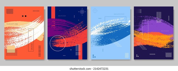 Ilustración vectorial. Concepto de color retro. Colección de fondo dinámico. Elementos de diseño para afiches, revistas, portada de libros, volante, diseño, folleto. Toco del arbusto de tinta. Patrón de Memphis. Formas geométricas