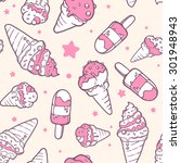 Vector illustration of retro color pattern of pink ice creams on yellow background with stars and dots. Hand drawn line art design for web, site, advertising, banner, poster, board and print.  