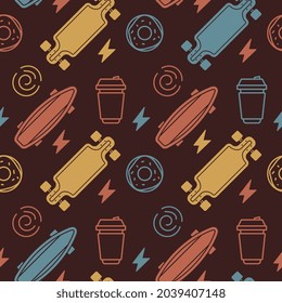 Vector Illustration of Retro Color Skateboard with Donut and Coffee. Skateboarding Seamless Pattern with Cartoon Skate Board and Lightning. Line Art Style Skate Dark Background for T-shirt and Print
