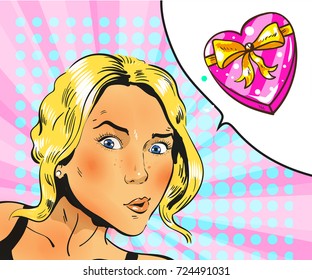 Vector illustration in retro comic pop art style. Beautiful girl with christmas or birthday gift.