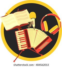 Vector illustration of retro concept  emblem accordion headphone tambourine concept making music