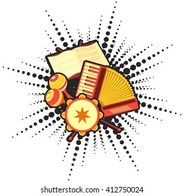 Vector illustration of retro  concept musical emblem accordion headphone tambourine concept making