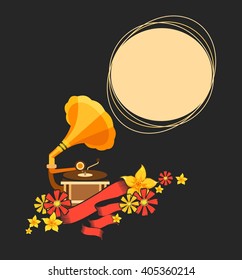 Vector illustration of retro concept works gramophone music pours out of it in the form of flowers