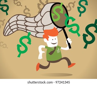 Vector illustration of Retro Corporate Guy chasing the illusive dollar with his GIGANTIC net.