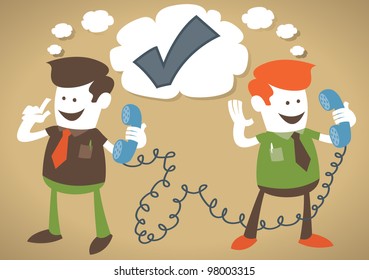 Vector illustration of Retro Corporate Guys make a deal on the telephone.
