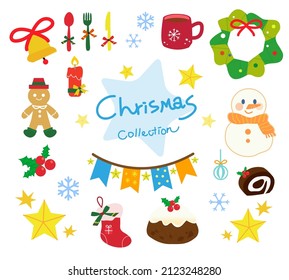Ilustración vectorial del retro lindo juego de Navidad. Ornamentos de Navidad, pudding de Navidad, muñeco de nieve, mistleto, corona de Navidad, regalos, banner de celebración