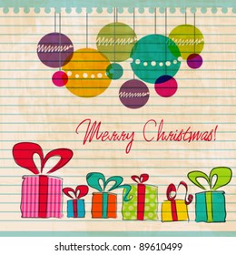 Vector illustration of retro, cute, hand drawn style Christmas gift boxes and ornaments