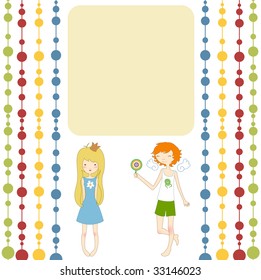 Vector Illustration of retro design greeting card with little girl and boy and copy space for your text