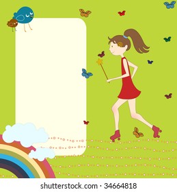 Vector Illustration of retro design greeting card with little girl on rollerblades and copy space for your text