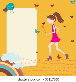 Vector Illustration of retro design greeting card with little girl on rollerblades and copy space for your text