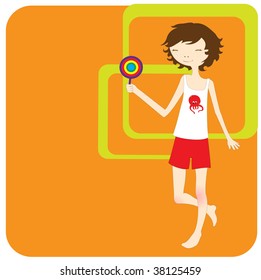 Vector Illustration of retro design greeting card with little girl and copy space for your text