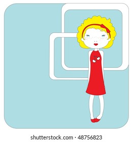 Vector Illustration of retro design greeting card with little girl and copy space for your text