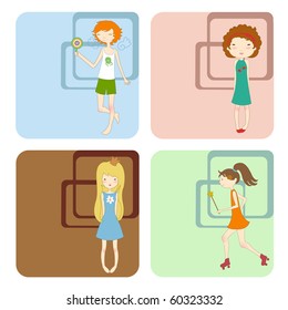 Vector Illustration of retro design greeting cards with little girl and copy space for your text